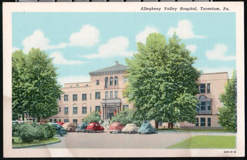 TARENTUM PA Allegheny Valley Hospital Vintage 1940's Cars Postcard Old