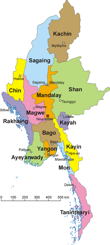 The 14 states and divisions of Burma (GNU License)